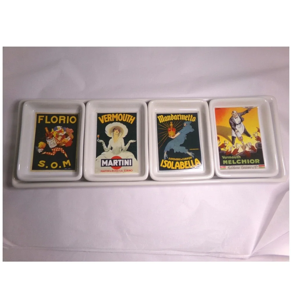 Pottery Barn Vintage Poster Appetizer Set 4 Dishes & Tray Martini Florio White
